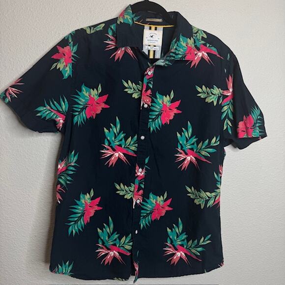 Denim & Flower Other - Denim & Flower Navy Button Up Floral Hawaiian Shirt Sz Large